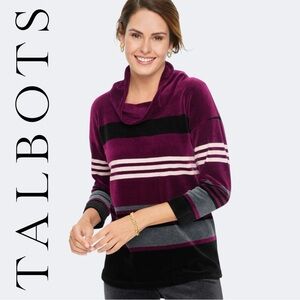 TALBOTS Purple Stripe Velour Cowl Neck Pullover Sweater 3/4 Sleeve Relaxed Sz 14